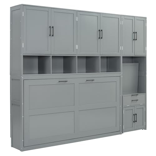 White Twin Size Wooden Murphy Bed with Closet Drawers Desk E28901