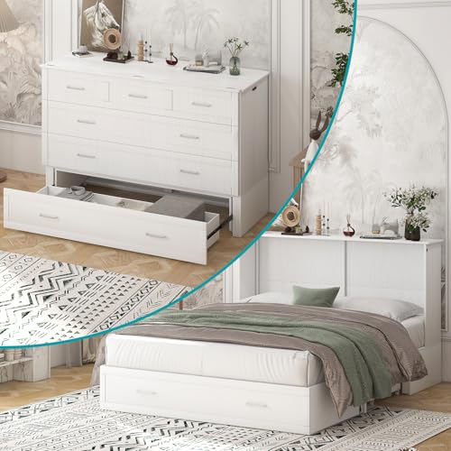 Queen Murphy Bed with Charging Station and Storage Drawers White R5270
