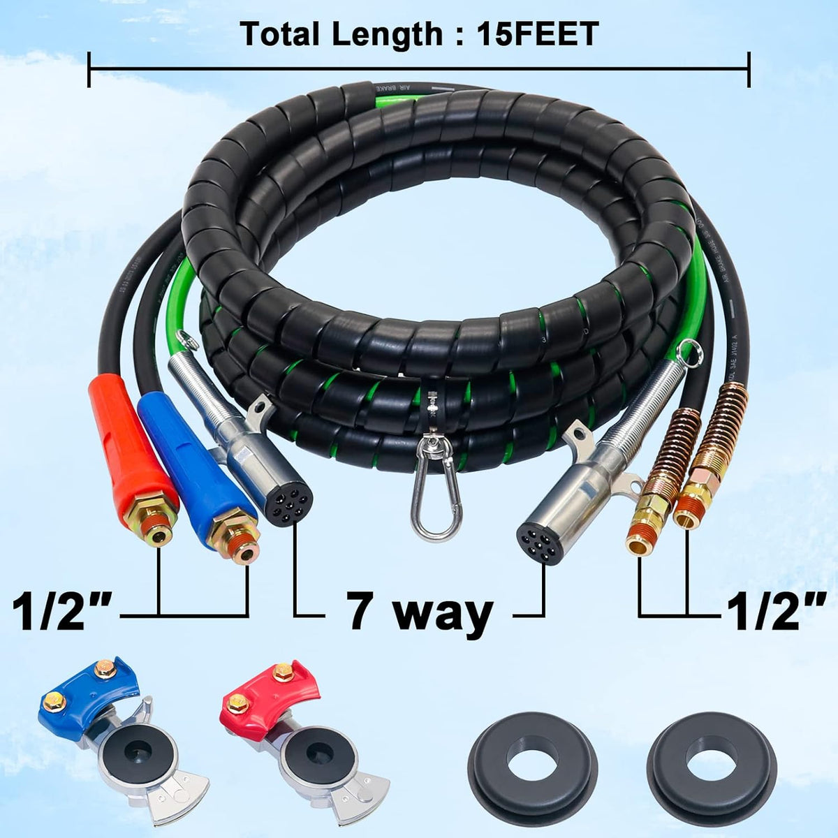 15 Ft 3 in 1 7 Way ABS Electrical Cable & Rubber Air Line Hose Assembly with Aluminum GladHands C558