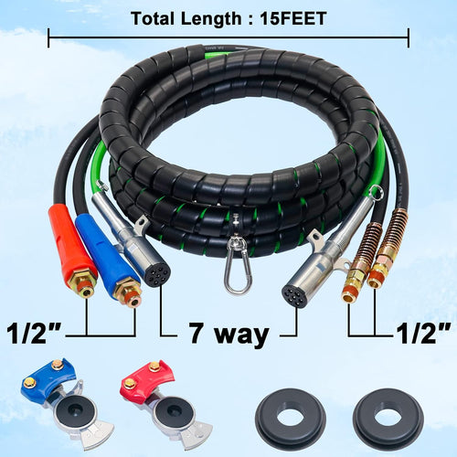 15 Ft 3 in 1 7 Way ABS Electrical Cable & Rubber Air Line Hose Assembly with Aluminum GladHands C558