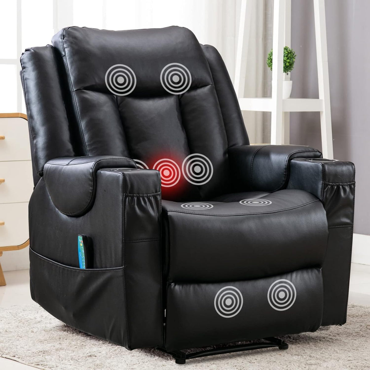 Black Faux Leather Manual Recliner Chair with Heat and Vibration R5933