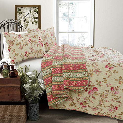 Vintage Floral Rose Chintz 3-Piece Khaki Pink Green Scalloped Cotton Reversable Queen Quilt Bedding Set D252
