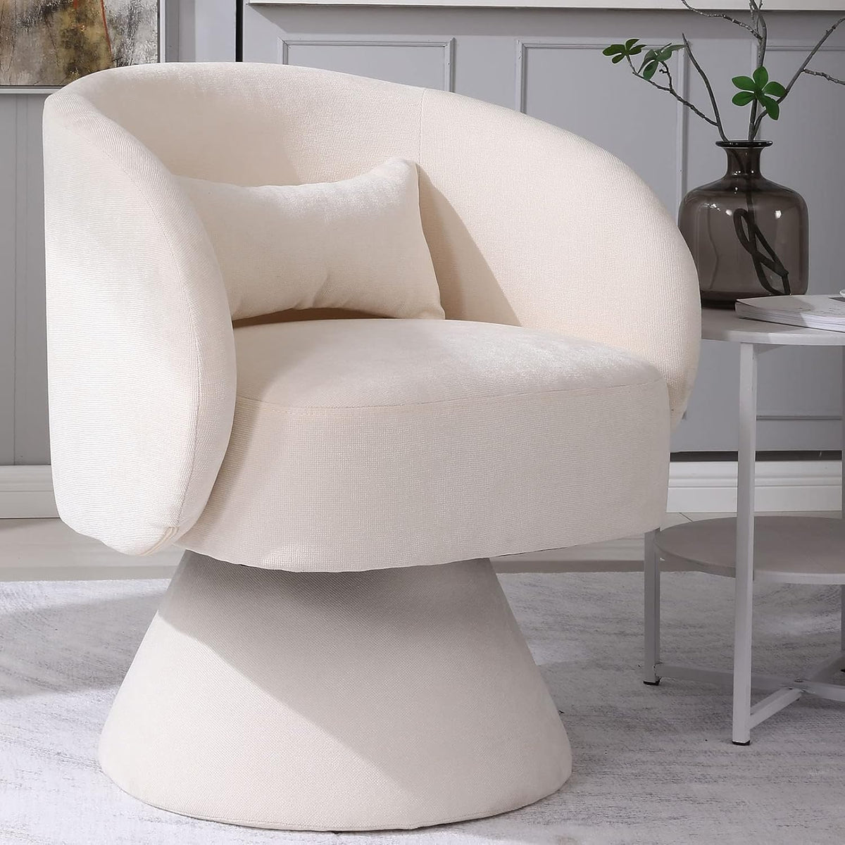 Beige Linen Fabric Swivel Barrel Accent Chair Y32467
