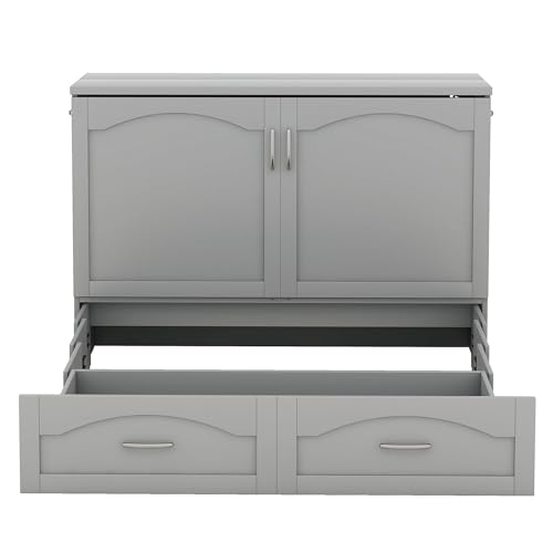 White Solid Wood Queen Size Murphy Bed with Storage and Bookcase Headboard W113128
