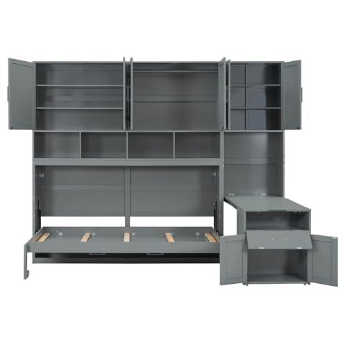 White Twin Size Wooden Murphy Bed with Closet Drawers Desk E28901