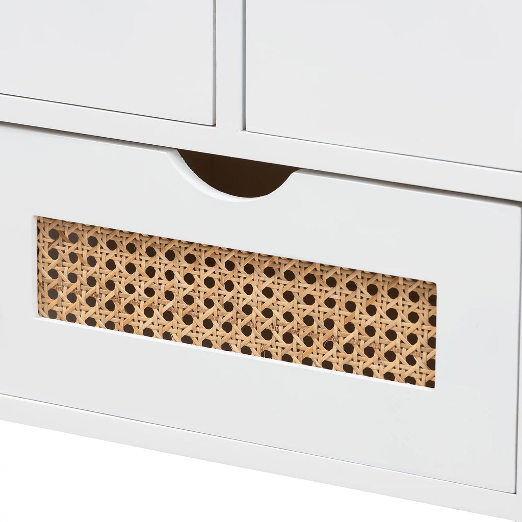 Light Beige Fabric White Wood 3-Drawer Storage Bench with Natural Rattan V6695