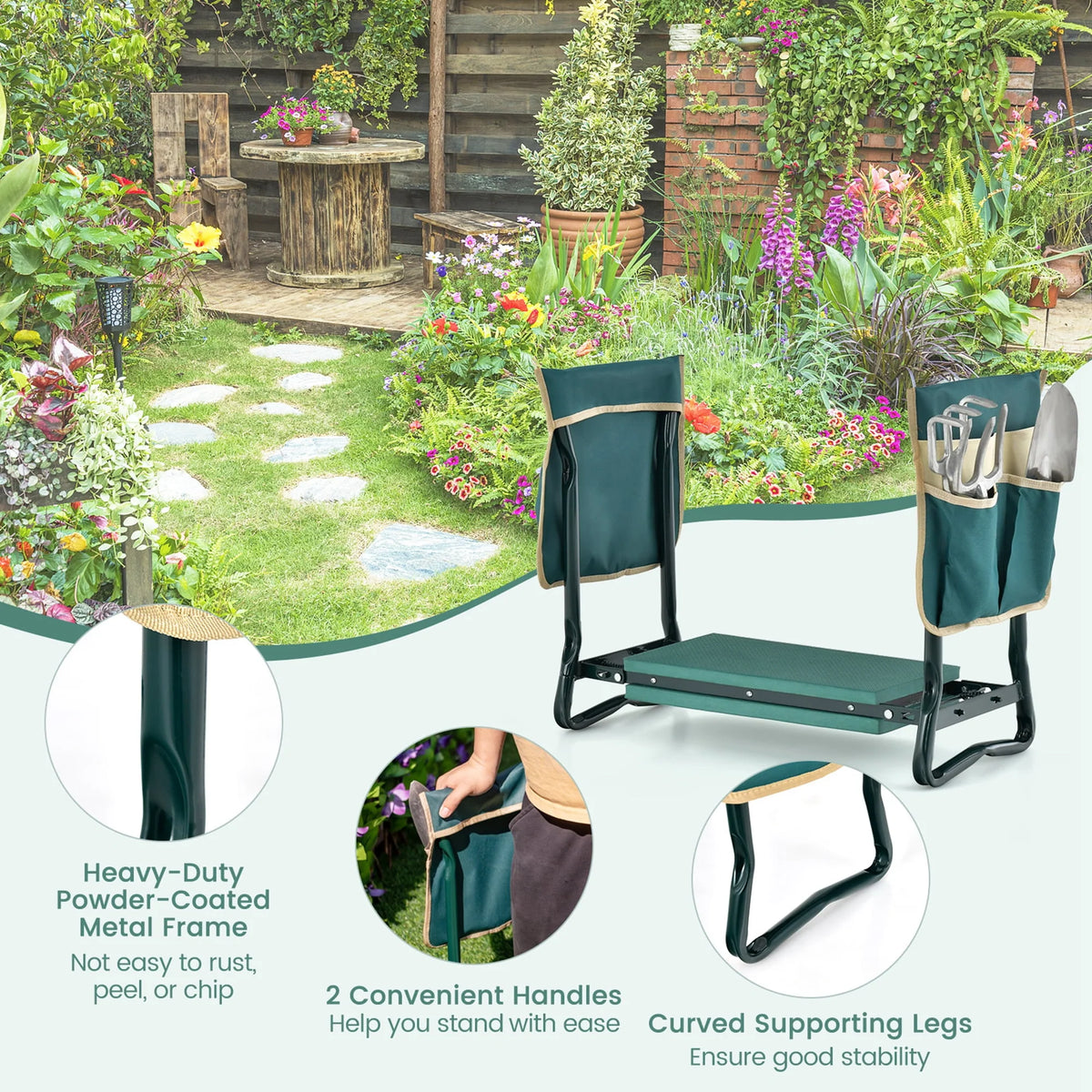 Folding Garden Kneeler Seat Bench with Tool Pouches S756339