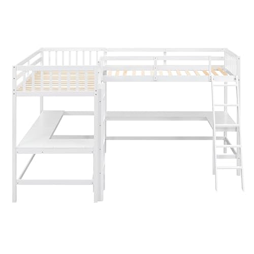 White L-Shaped Wood Twin Size Loft Bed with Desk and Ladder F1111