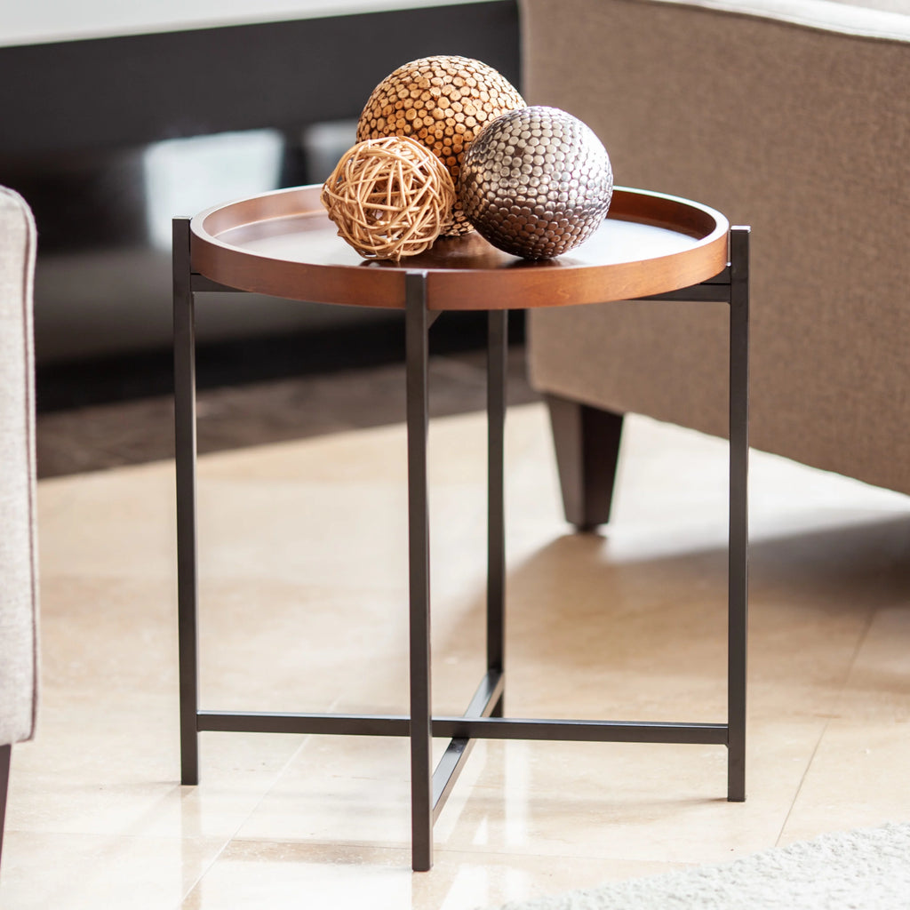 Mid-century Modern Round Side Table with Removable Wood Tray H1337