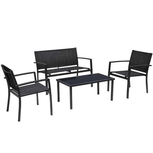 4 Pieces Patio Furniture Set Textilene Fabric with Glass Coffee Table Black L147