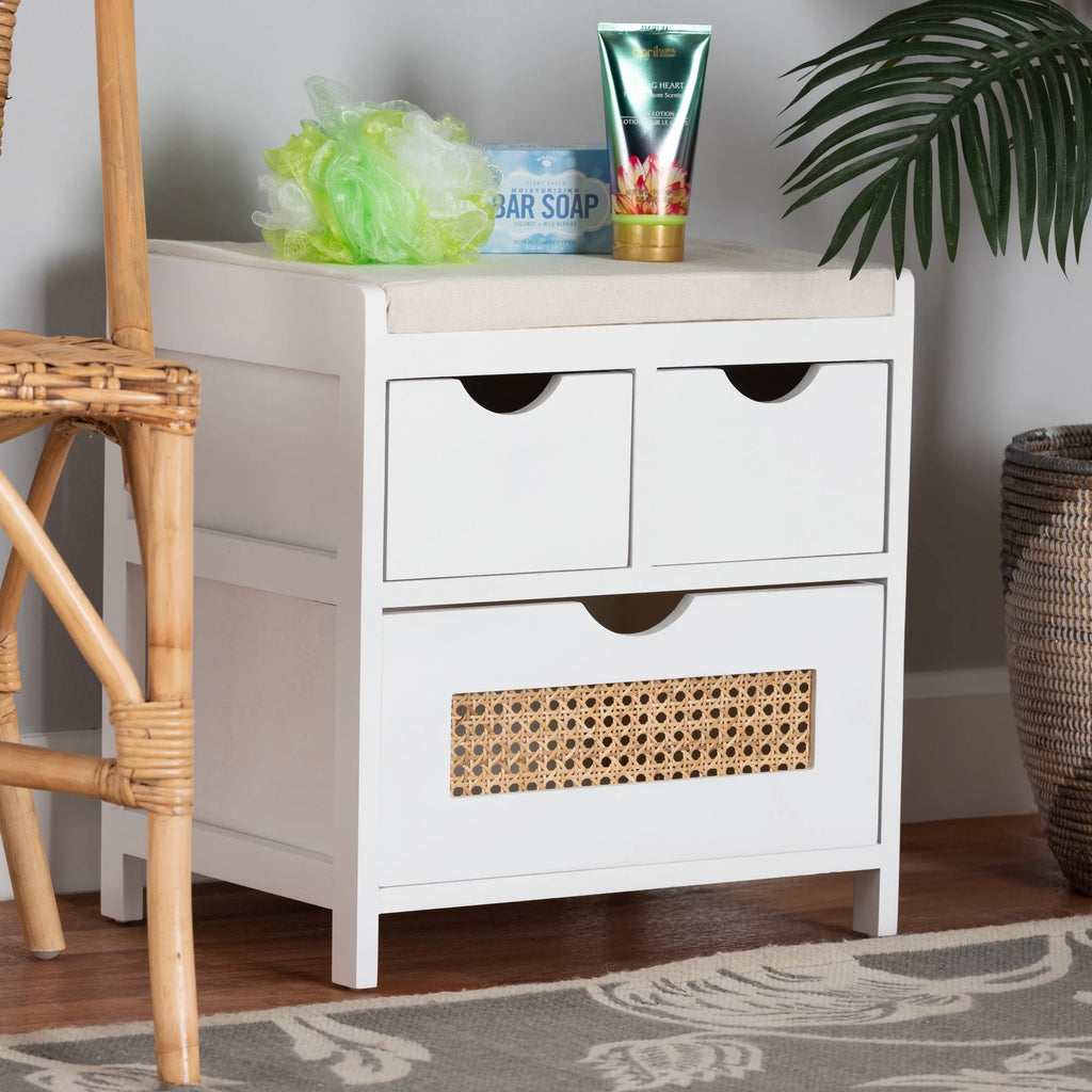 Light Beige Fabric White Wood 3-Drawer Storage Bench with Natural Rattan V6695