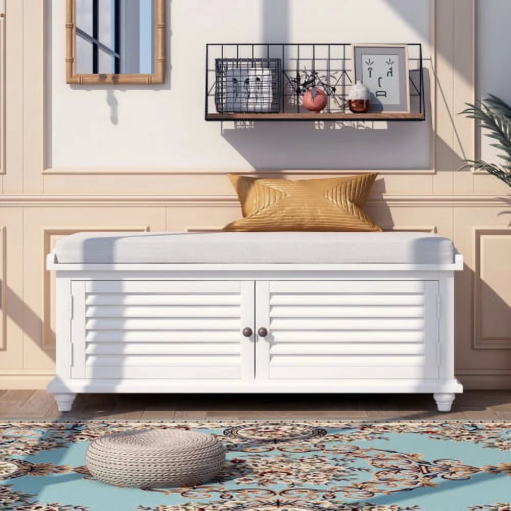 White Wooden Storage Bench with Removable Cushion G4015