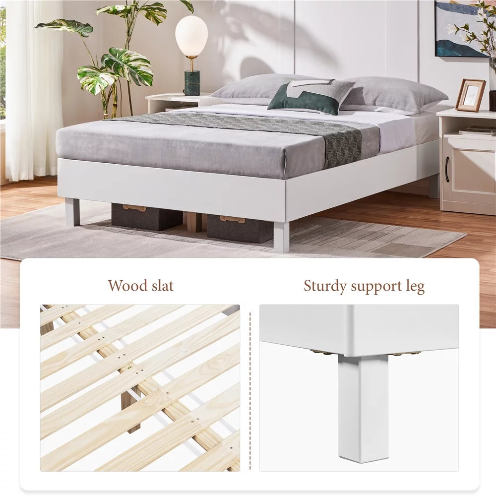 Queen White Platform Bed Frame with Wooden Slats V586159