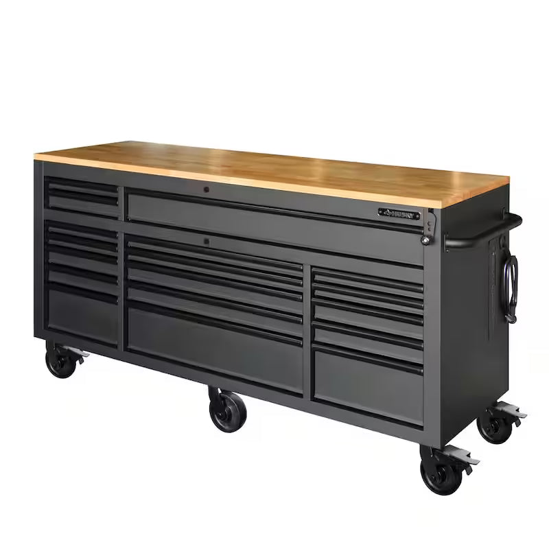 Heavy Duty 18-Drawer Mobile Workbench Cabinet with Hardwood Top in Matte Black D7448