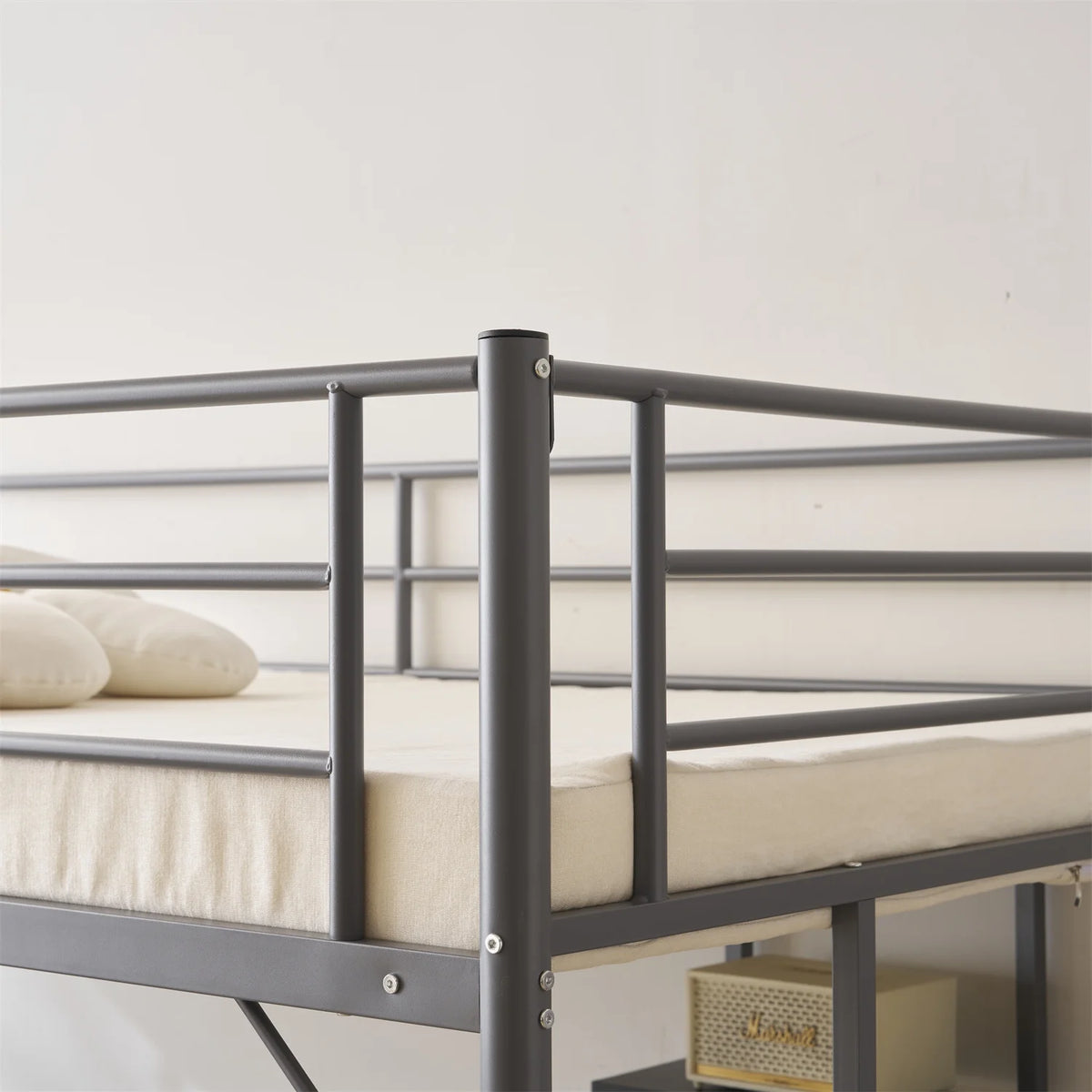 Twin Size Black Metal Loft Bed with Desk and Shelves F717