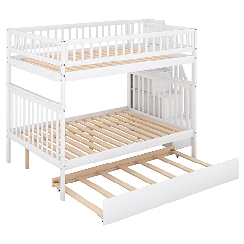 White Full Size Wooden Bunk Bed with Trundle and Storage Staircase C355226