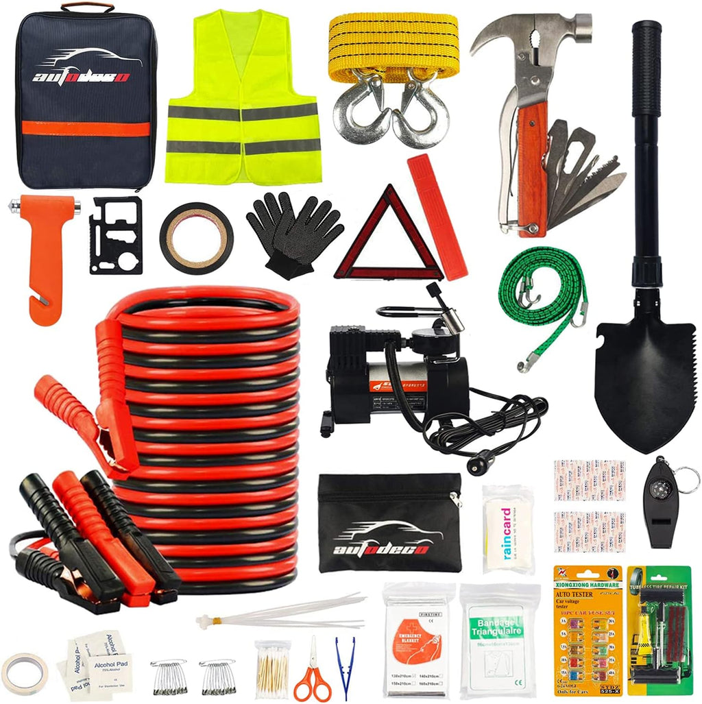 118 Pieces Car Emergency Kit with Jumper Cables, Air Compressor, Tow Strap, Hammer, Shovel S647571