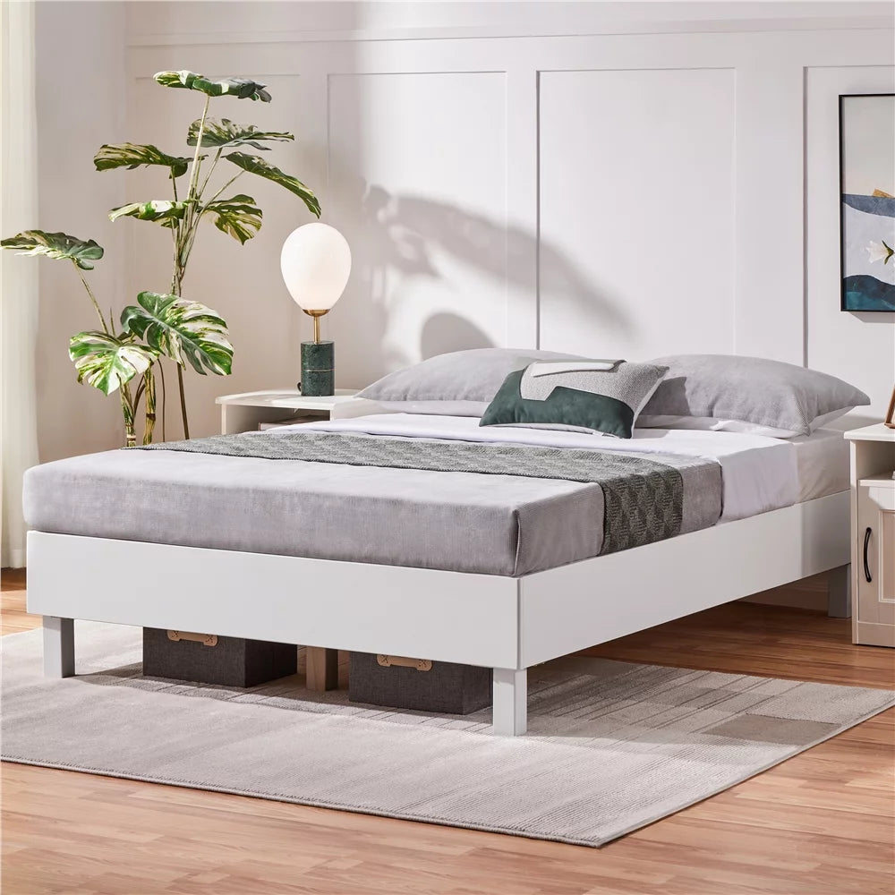 Queen White Platform Bed Frame with Wooden Slats V586159