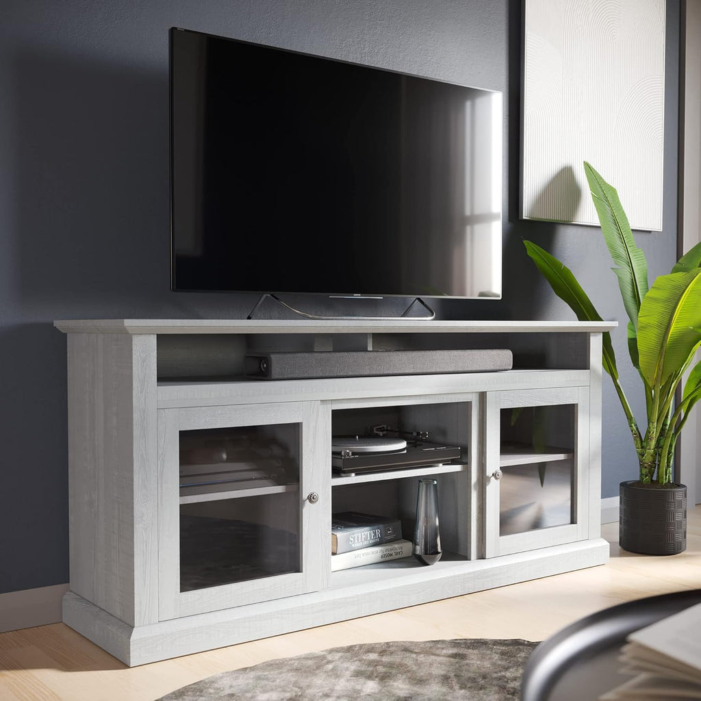 Gray Wash Electric Fireplace TV Stand with Open Storage Shelves & Cabinets Q556114