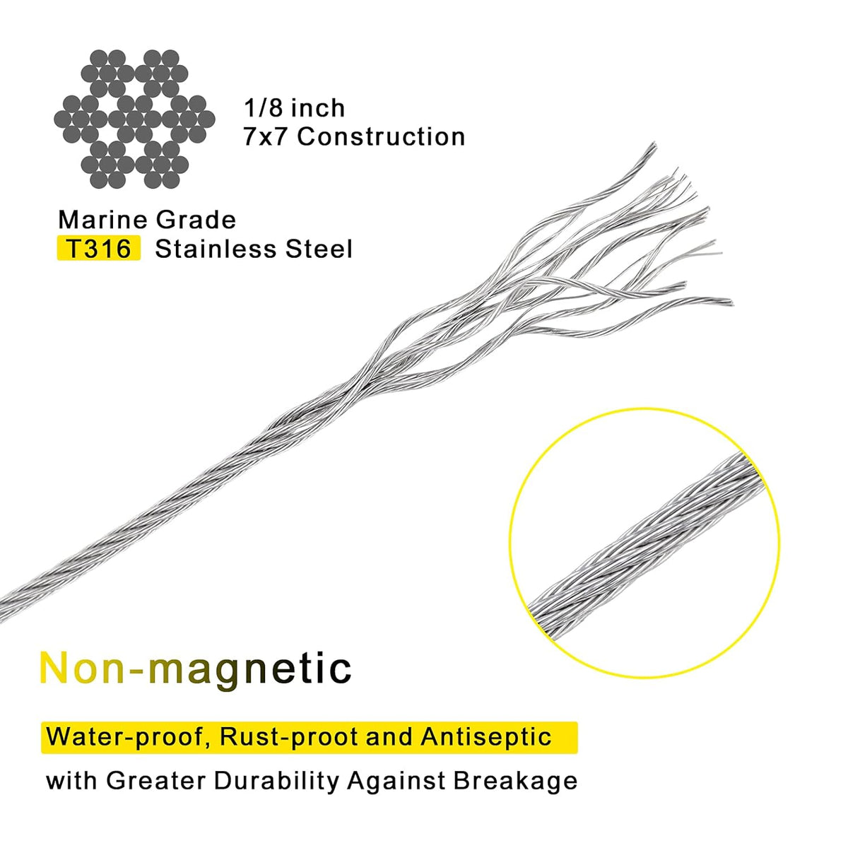 1/8 T316 Stainless Steel Cable with Cutter, 600FT Wire Rope, 7x7 Strands, Pack of 2 X6601
