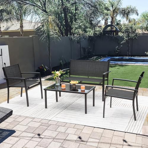 4 Pieces Patio Furniture Set Textilene Fabric with Glass Coffee Table Black L147