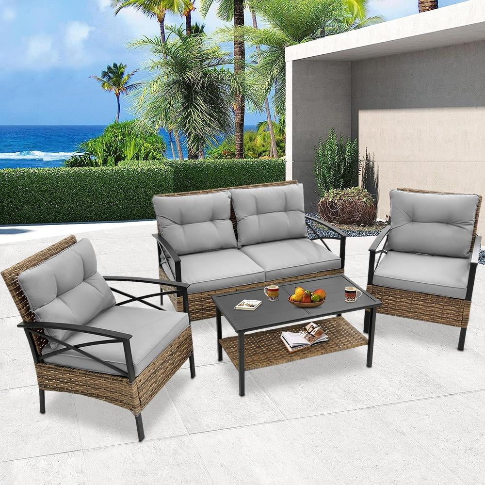 4 Pieces All-Weather PE Rattan Patio Sofa Set with Coffee Table Y217446
