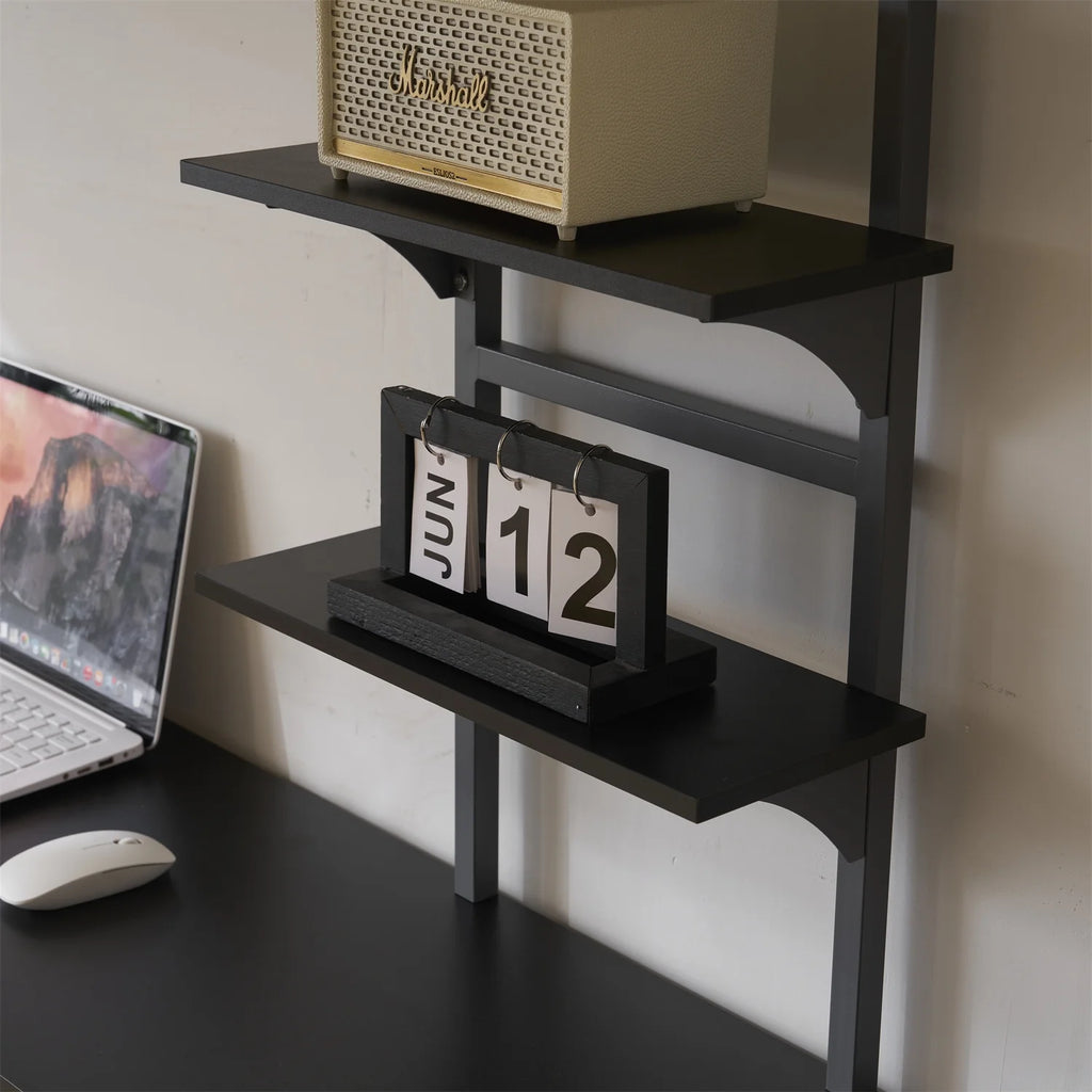 Twin Size Black Metal Loft Bed with Desk and Shelves F717