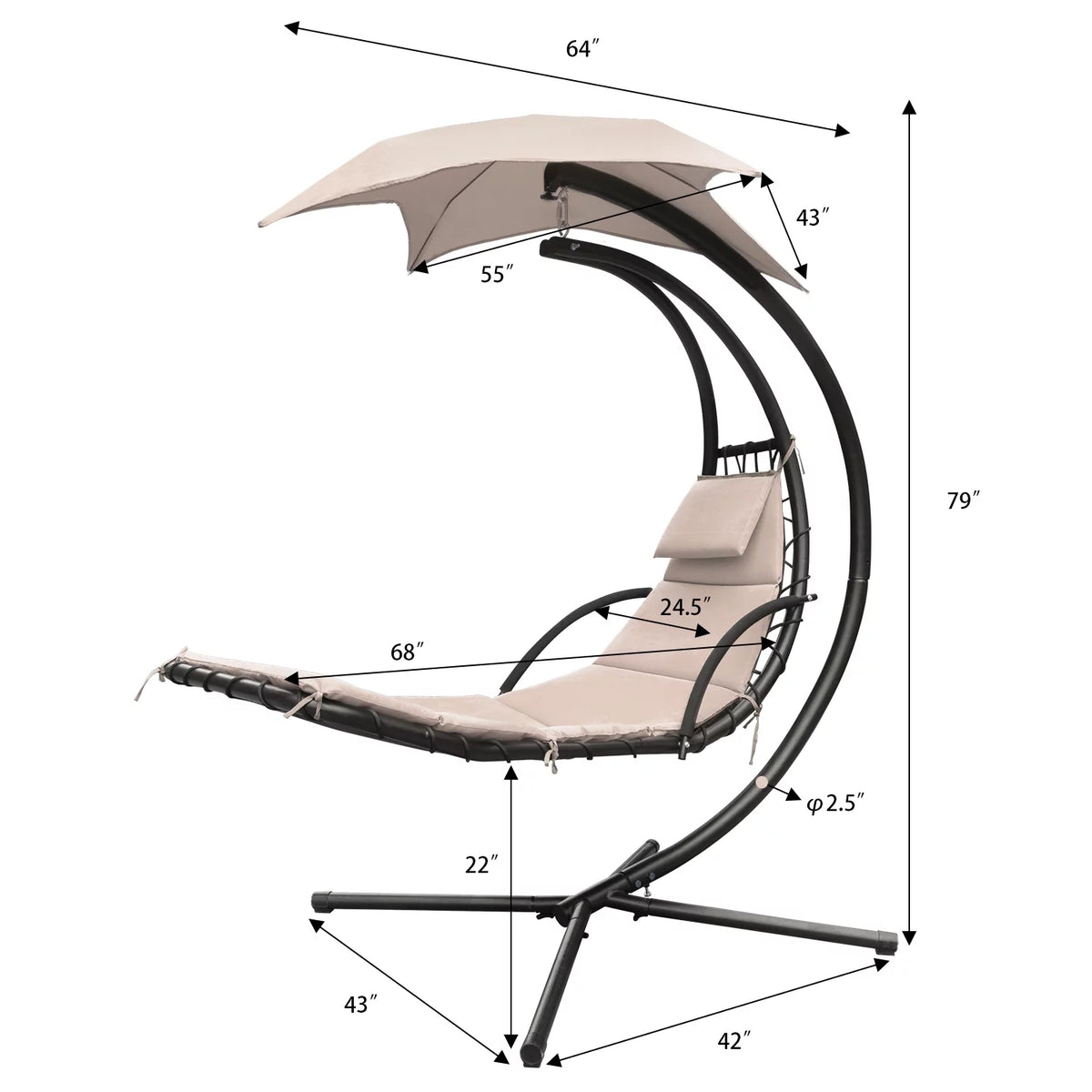 Hanging Curved Chaise Lounge Chair with Pillow, Canopy & Stand O1992
