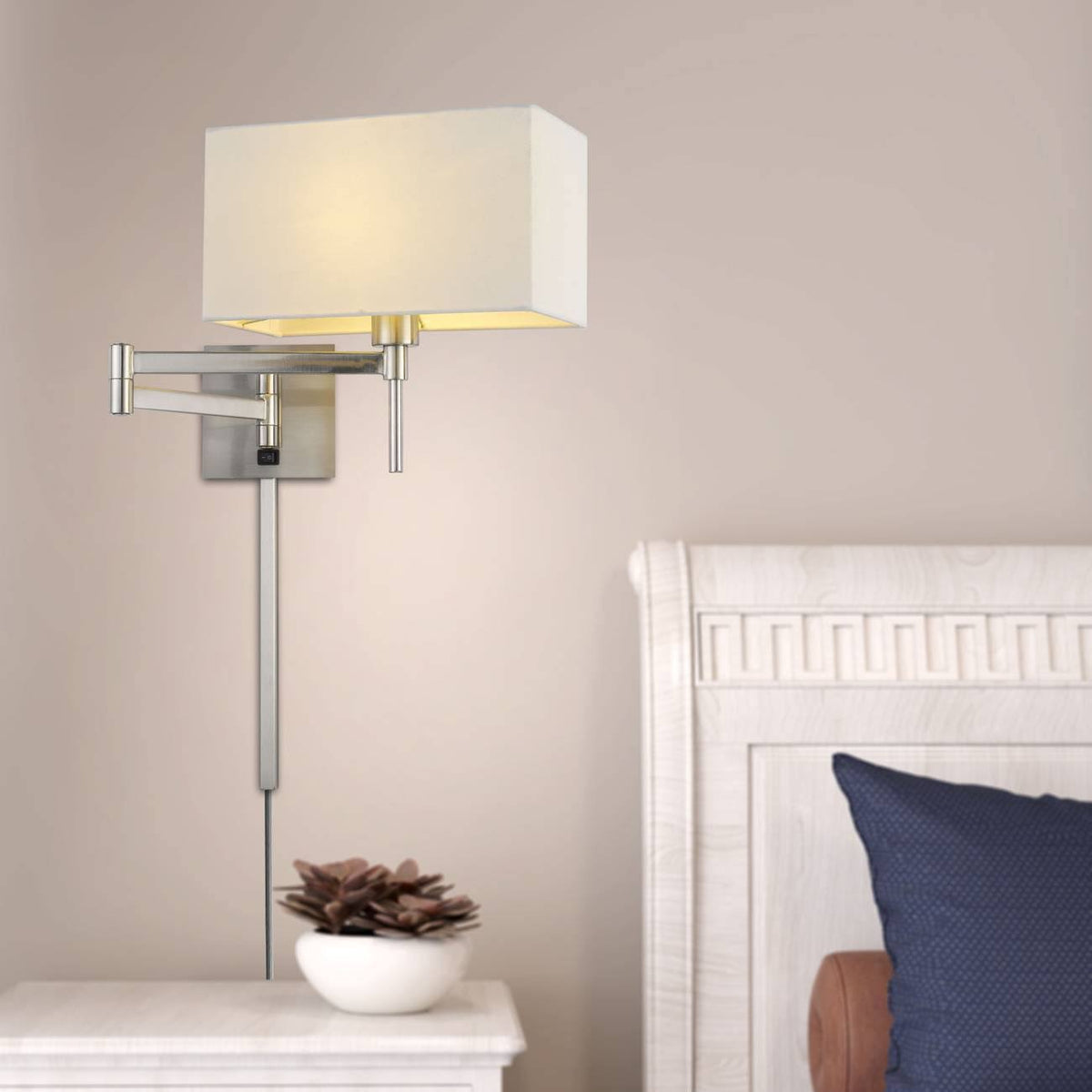 12x22 Wall Swing Arm Reading Lamp with Fabric Shade Brushed Steel M222