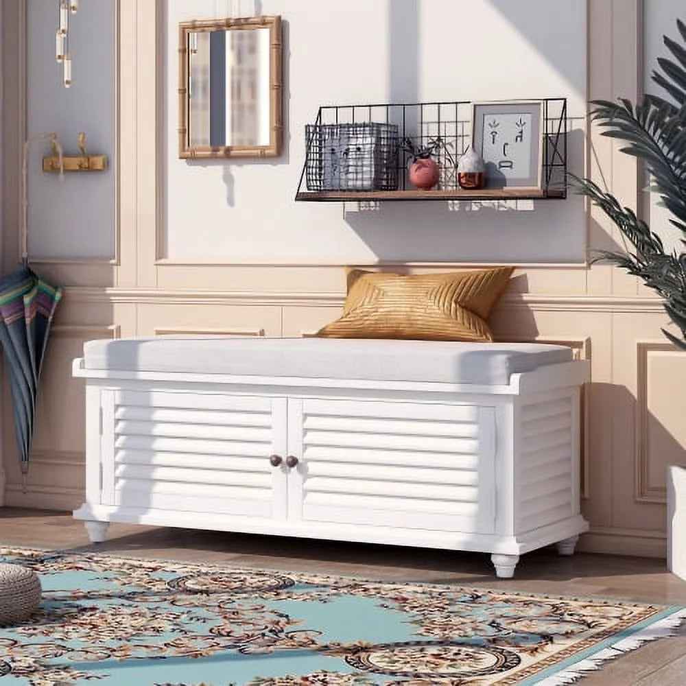 White Wooden Storage Bench with Removable Cushion G4015