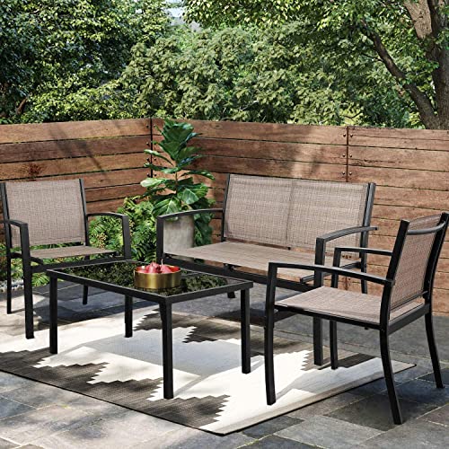 4 Pieces Patio Furniture Set Textilene Fabric with Glass Coffee Table Black L147