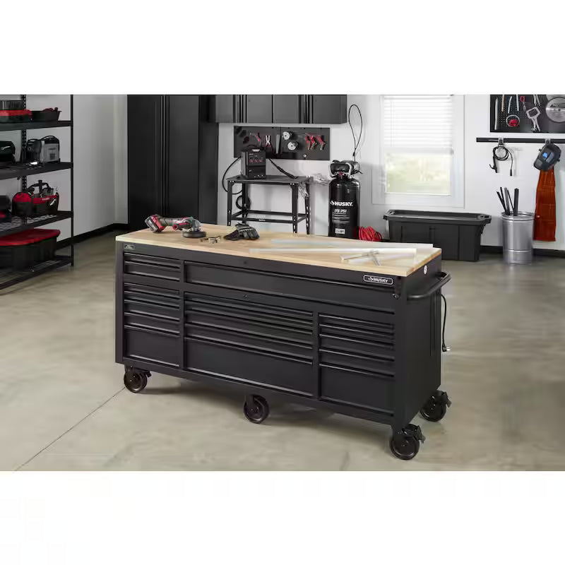 Heavy Duty 18-Drawer Mobile Workbench Cabinet with Hardwood Top in Matte Black D7448