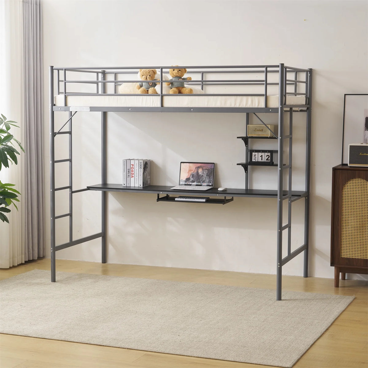 Twin Size Black Metal Loft Bed with Desk and Shelves F717