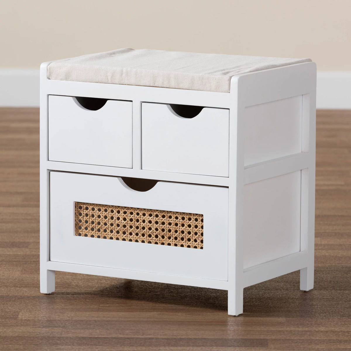 Light Beige Fabric White Wood 3-Drawer Storage Bench with Natural Rattan V6695