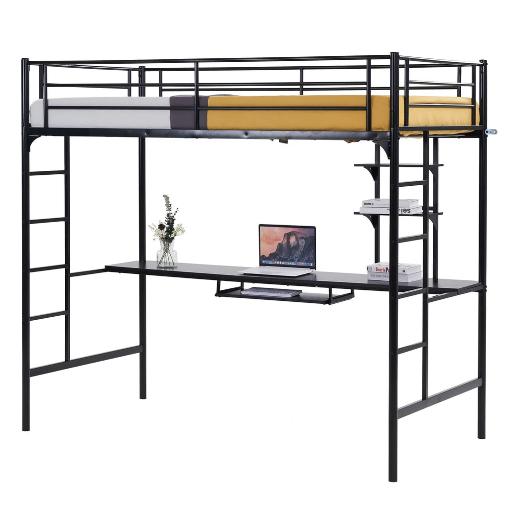 Twin Size Black Metal Loft Bed with Desk and Shelves F717