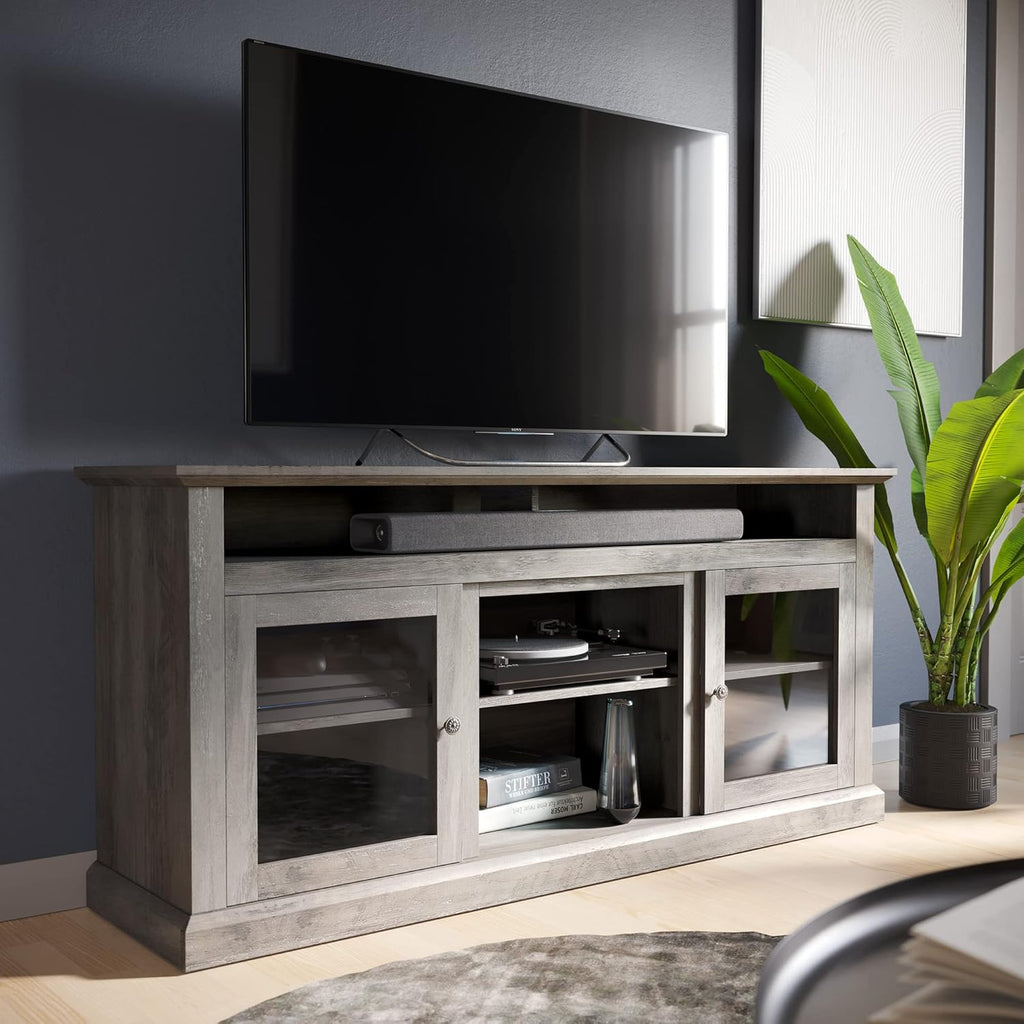 Gray Wash Electric Fireplace TV Stand with Open Storage Shelves & Cabinets Q556114