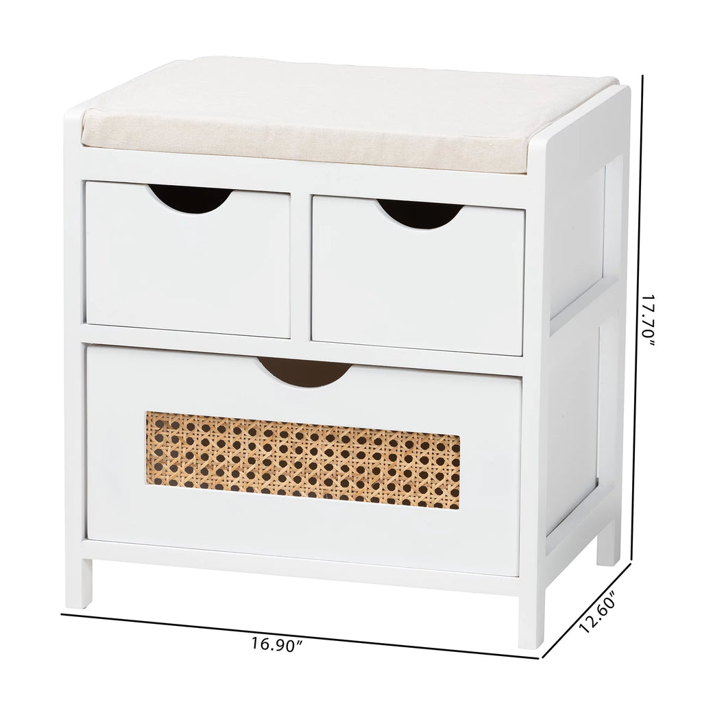 Light Beige Fabric White Wood 3-Drawer Storage Bench with Natural Rattan V6695