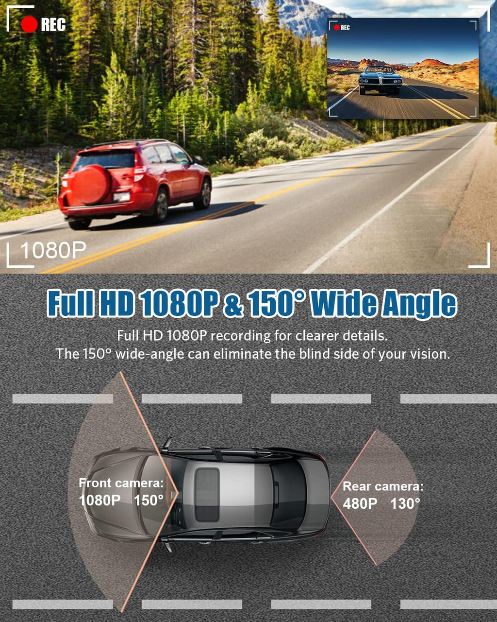 Dash Cam Front and Rear, 1080P Full HD, 2 Inch LCD Screen, 150° Wide Angle, Parking Monitor, Pack of 2 W573020