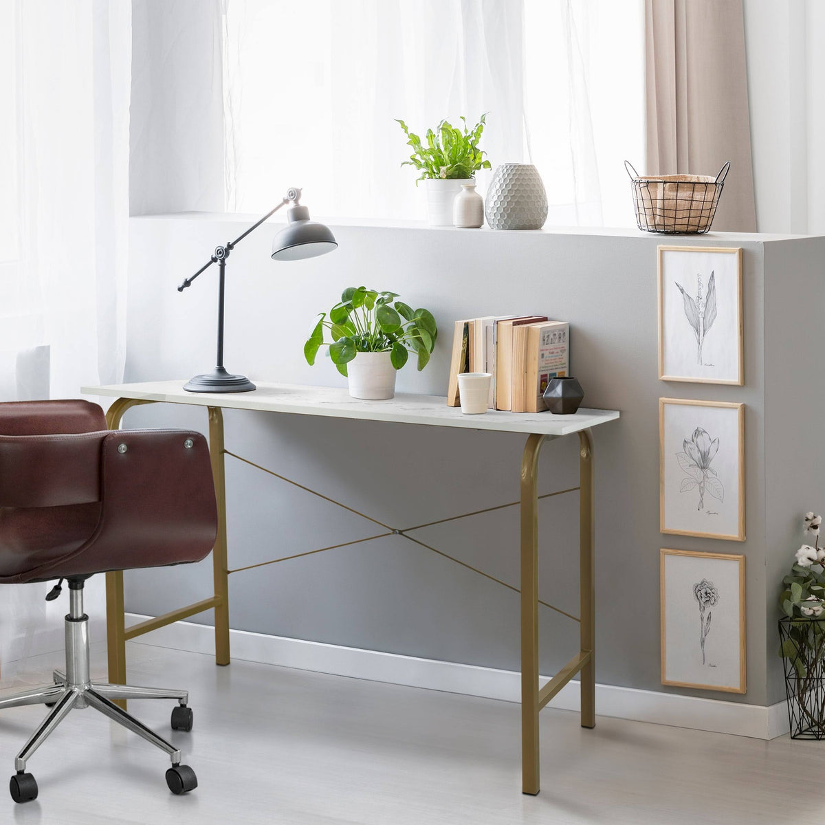 40 inch Faux Marble Top Desk with Brass Frame F13329