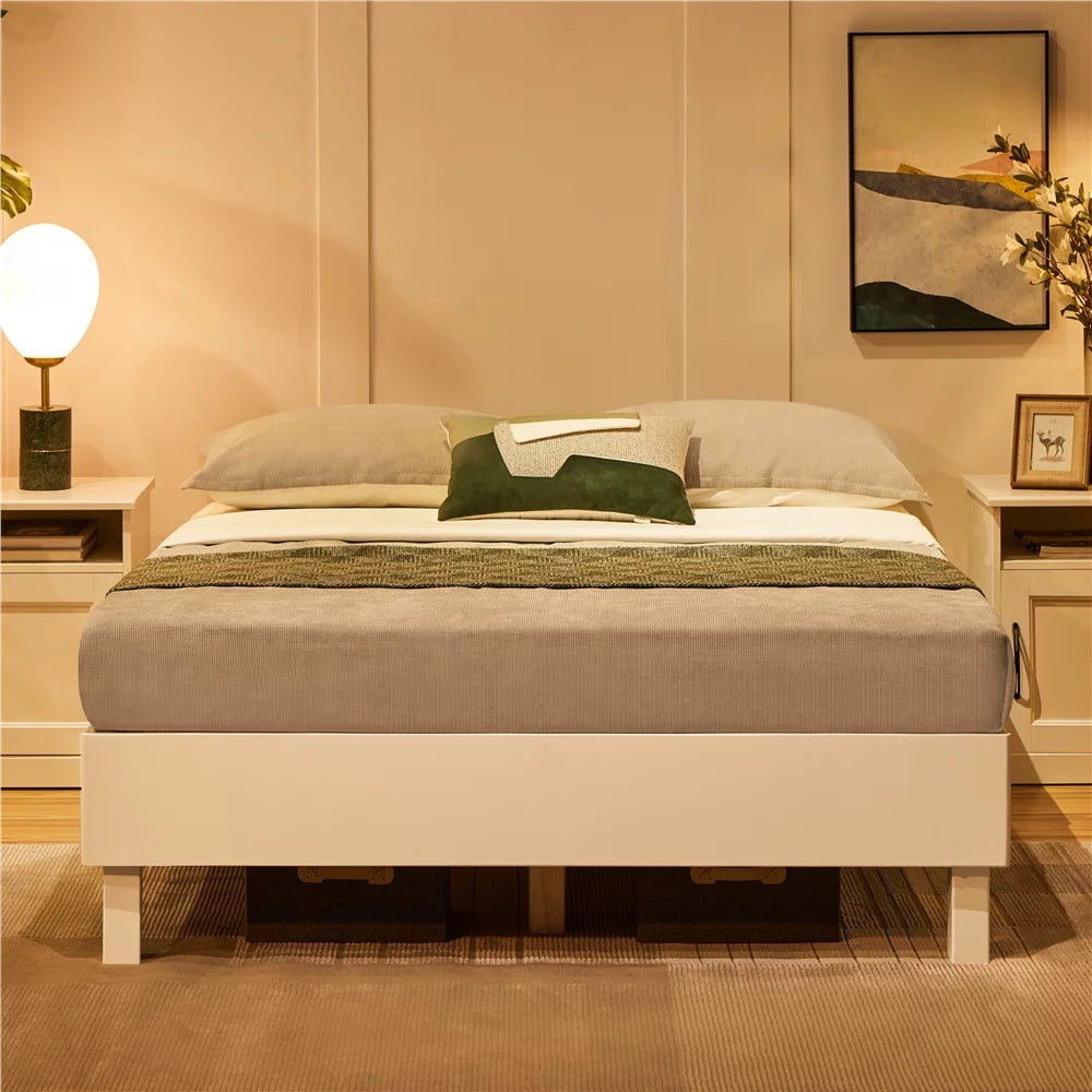 Queen White Platform Bed Frame with Wooden Slats V586159