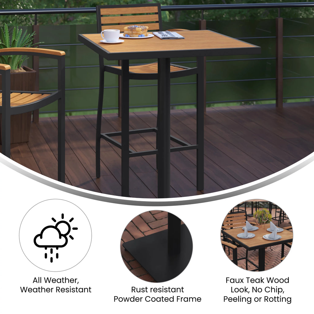 32" Square Outdoor Bar Height Table with Faux Teak Slats T531