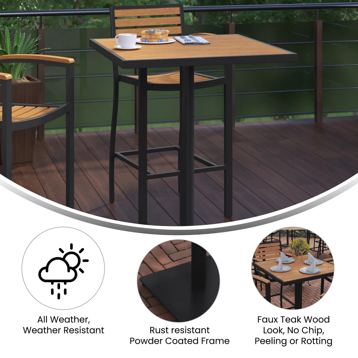 32" Square Outdoor Bar Height Table with Faux Teak Slats T531