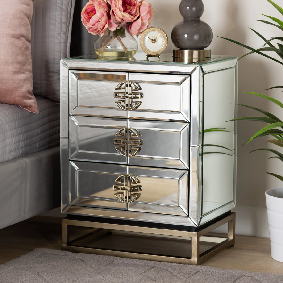 Mirrored Antique Bronze 3-Drawer End Table D359
