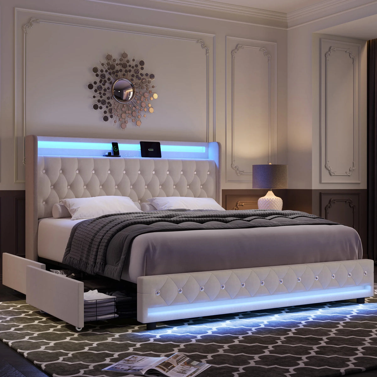 King Size LED Bed Frame with 4 Storage Drawers L80833
