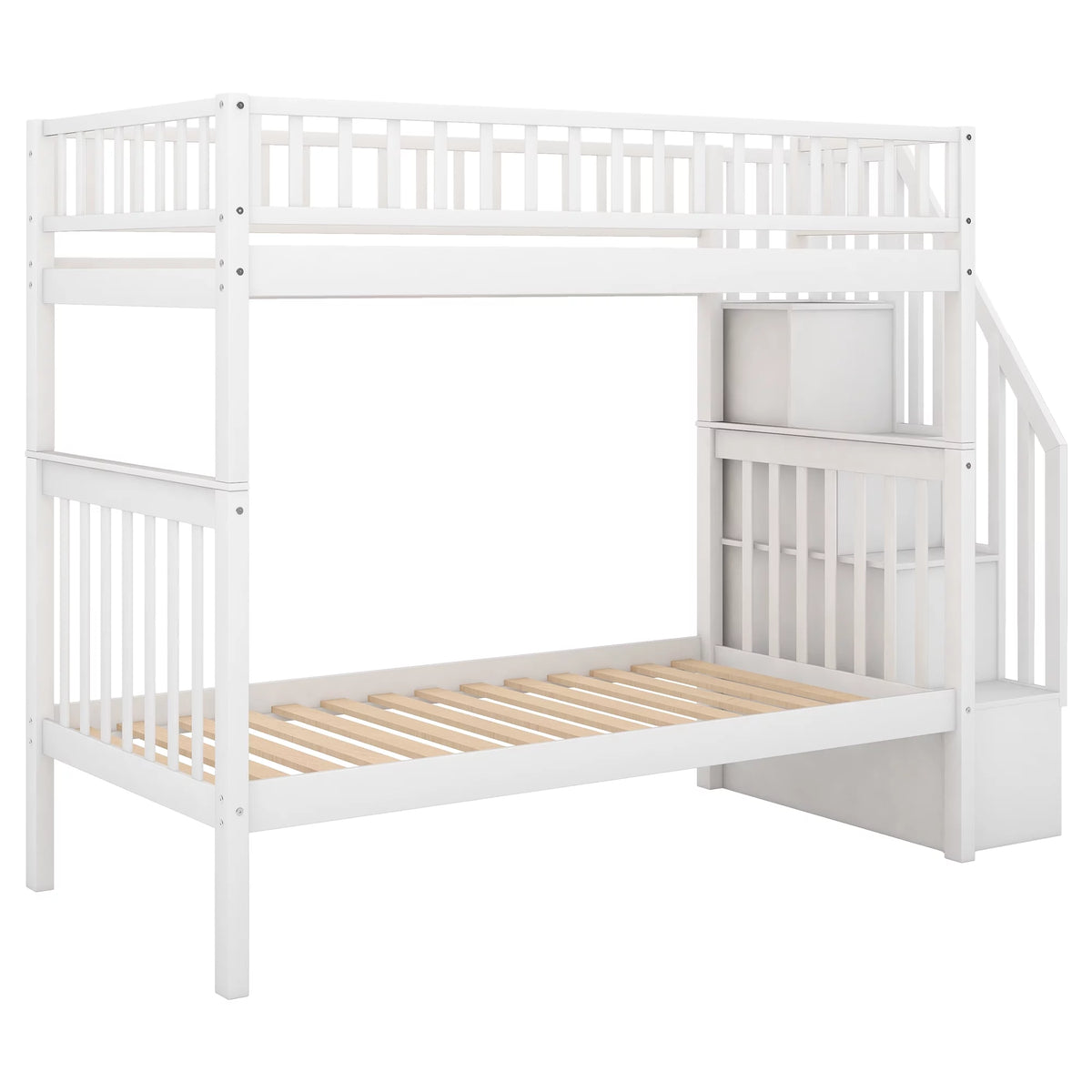 White Wood Twin over Twin Bunk Bed with Trundle and Storage Stairs R747857