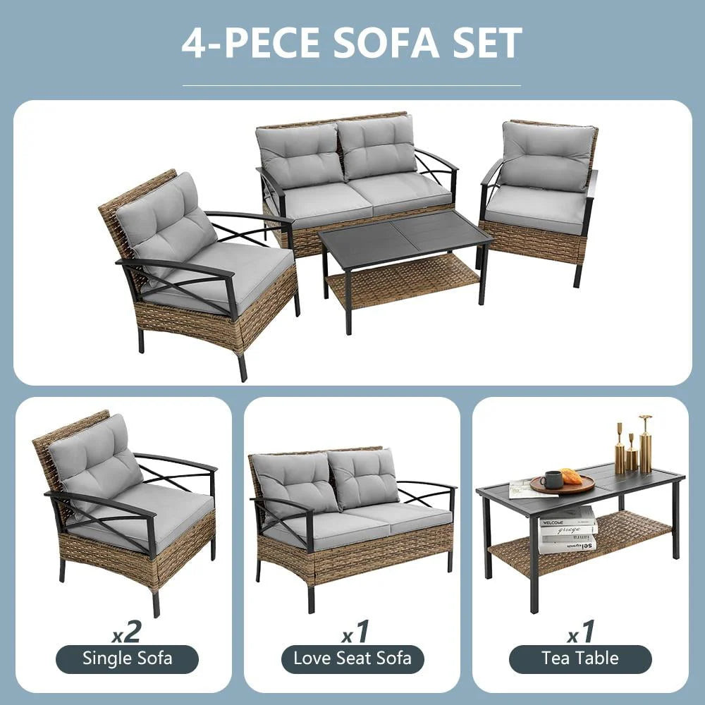 4 Pieces All-Weather PE Rattan Patio Sofa Set with Coffee Table Y217446