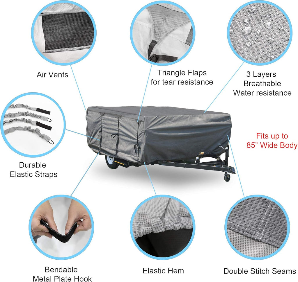 Pop-up Folding Camper Cover Reinforced Windproof Side-Straps Anti-UV Water-Resistance Triple Layers Heavy Duty for Trailer RV Motorhome V93893