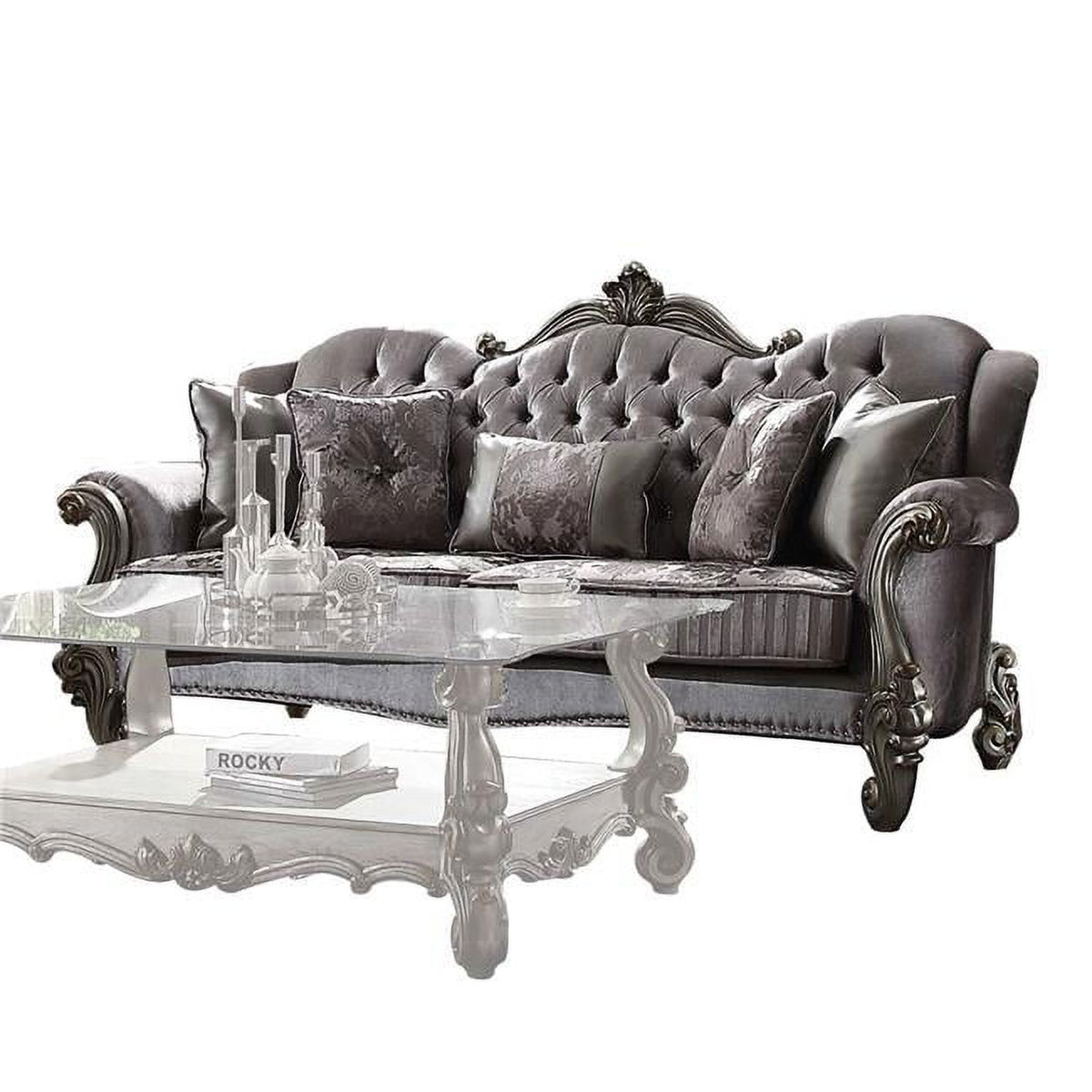 Velvet Antique Platinum Poly Resin Sofa with 5 Pillows F4188