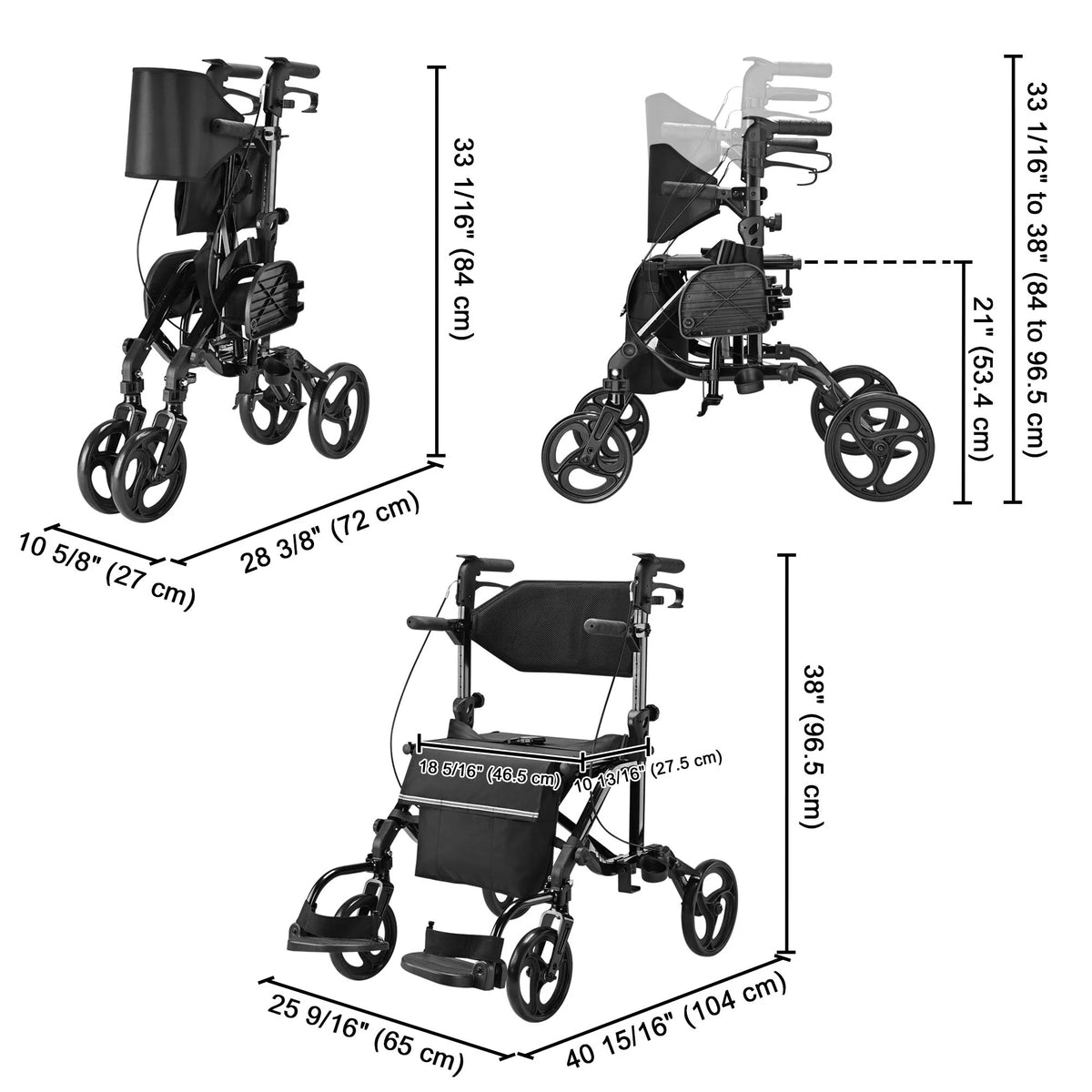 2 in 1 Rollator Walker Transport Wheelchair with Backrest Footrests Foldable Black M203