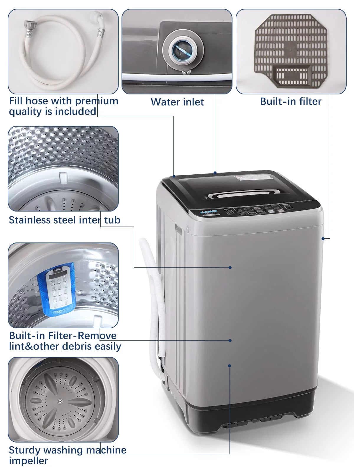 17.6lbs Capacity 1.9 Cu.ft Grey Portable Washing Machine G6006